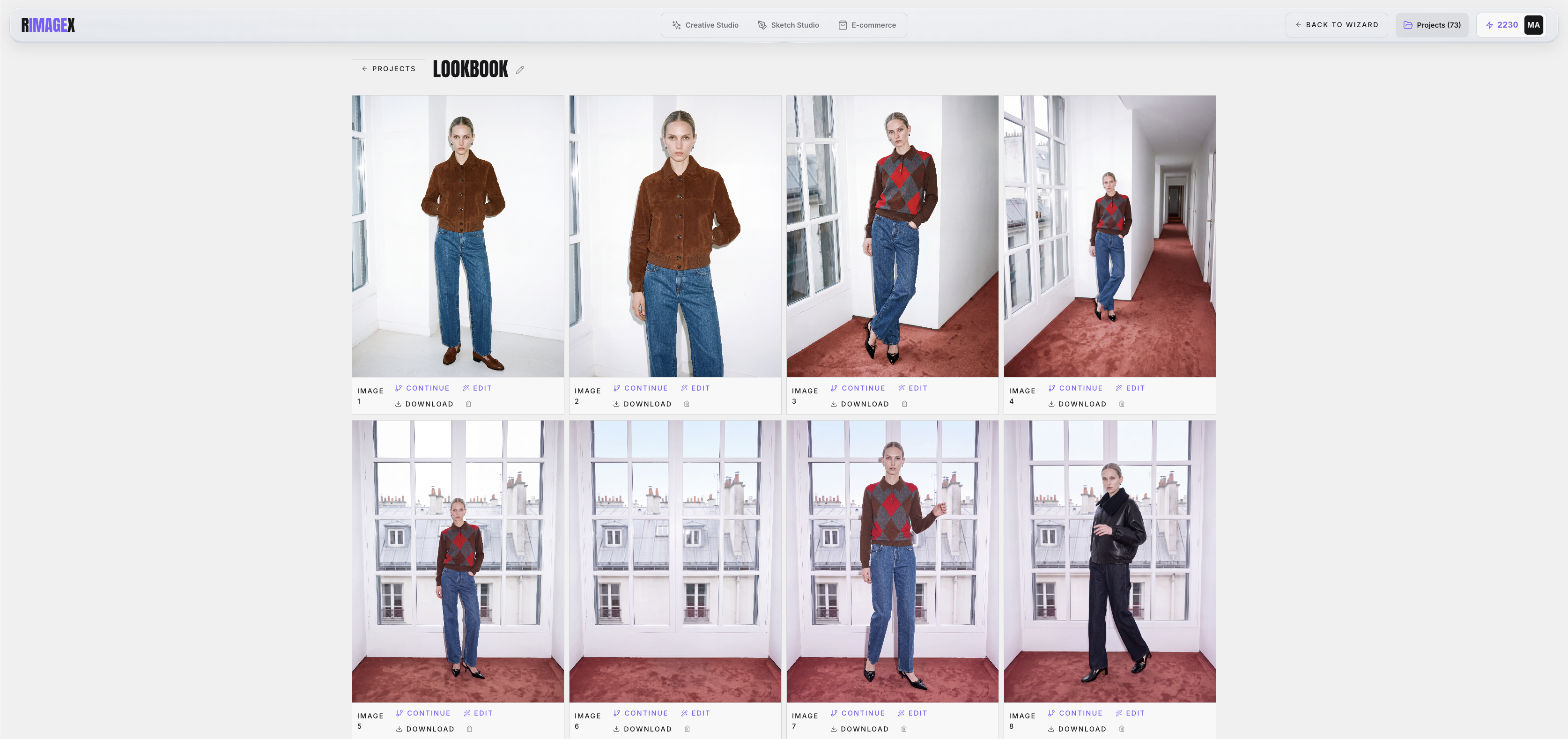 A sequence of fashion images developed inside one RIMAGEX project